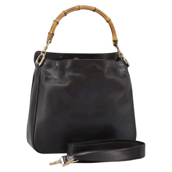GUCCI Bamboo Hand Bag Leather Dark Brown Gold 001 3444 001 3444 - Picture 1 of 16